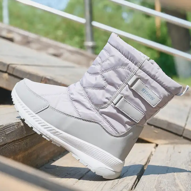 Winter plush and thick soled mid length snow boots for women versatile grey waterproof women' s snow boots shoes
