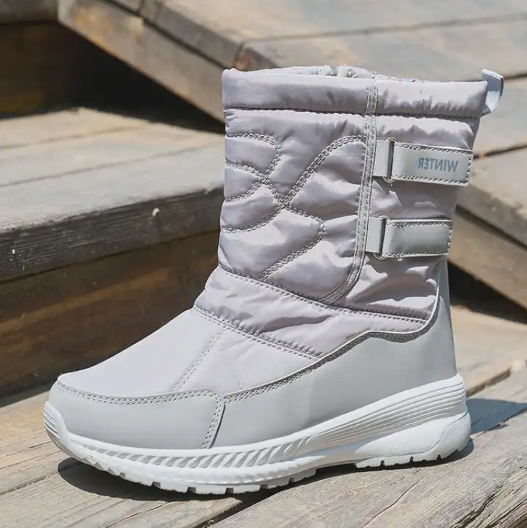 Winter plush and thick soled mid length snow boots for women versatile grey waterproof women' s snow boots shoes